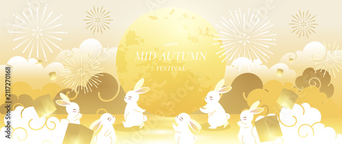 Mid Autumn Festival vector background wallpaper with seven jade rabbits carrying lanterns beneath glowing full moon, fireworks, clouds and golden mountain landscape