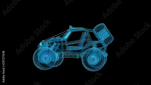 Futuristic 360° rotating HUD wireframe vehicle animation with glowing X-ray blueprint style. High-tech digital interface, seamless loop, perfect for AI, automotive, engineering, defense, and sci-fi pr