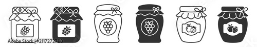 set of six grape and berry jam jars icons line solid style on transparent background