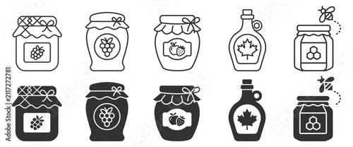 set of jars with honey, maple syrup, and fruit jam line and solid icons on transparent background
