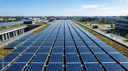 Aerial View Of Solar Panels On Industrial Roof, Renewable Energy Power Plant, Sustainable Green Technology For Commercial Buildings, Eco Friendly Electricity Generation System