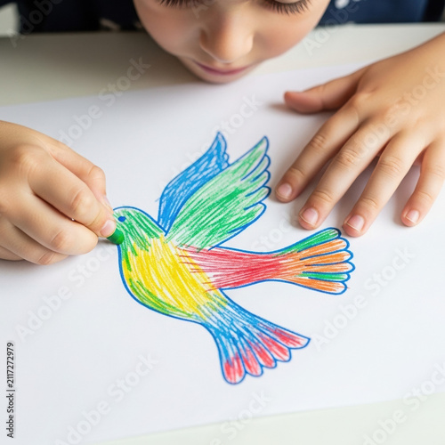 Child coloring a colorful dove with crayons at a table  