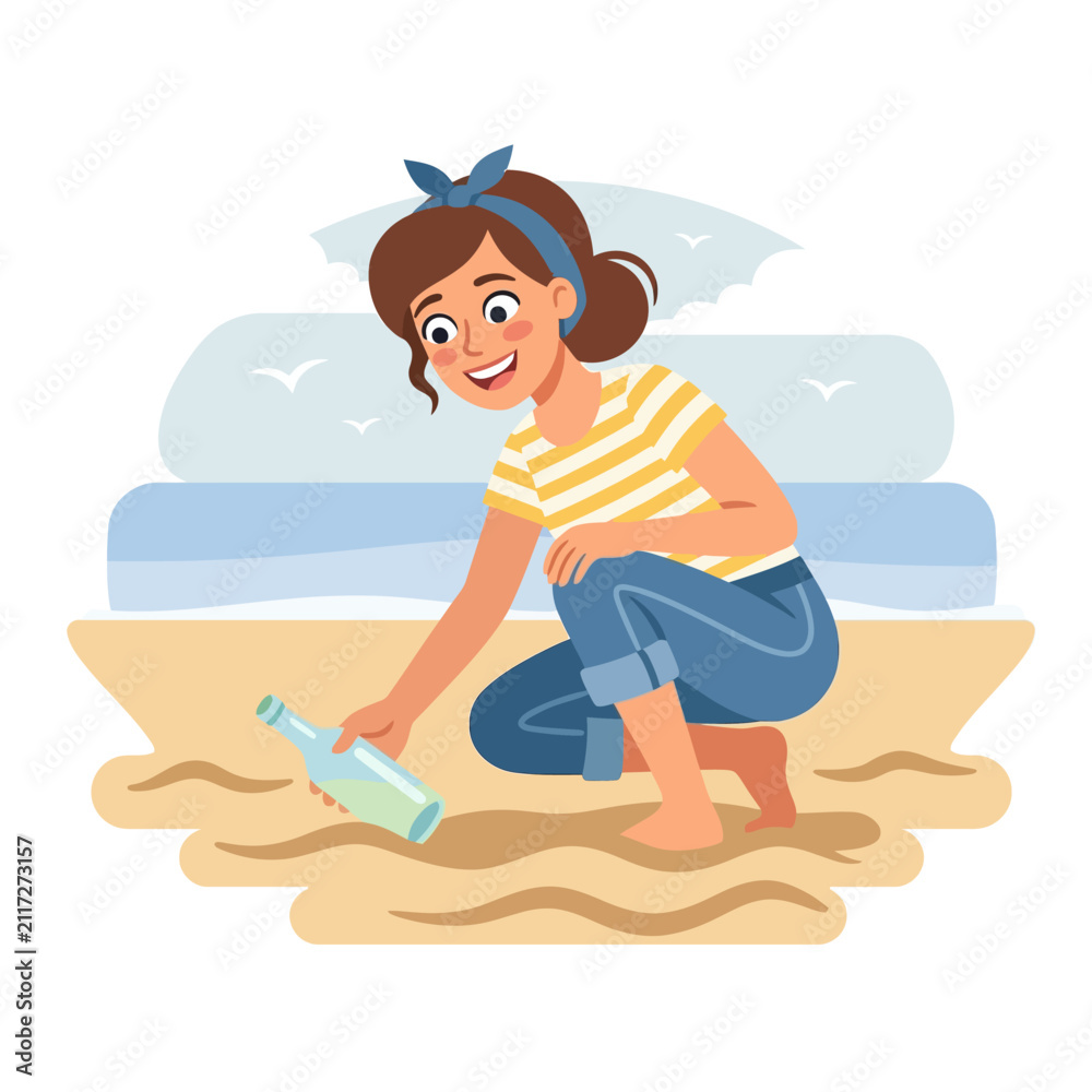 Fototapeta premium Young girl finding a message in a glass bottle on the sandy beach shore
