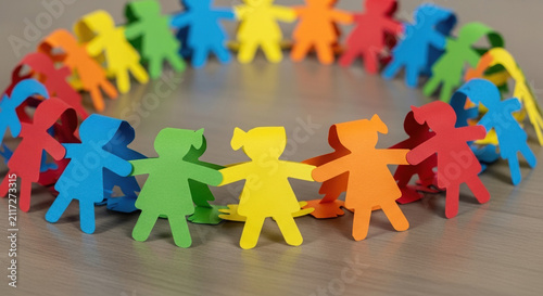 Colorful paper chain of children figures holding hands in circle  