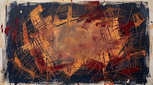 Abstract painting with textured brushstrokes in warm and cool tones