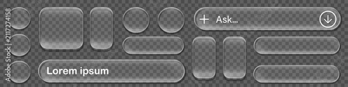 Collection of various glassmorphism style web interface buttons and ui elements with soft shadows on dark background Liquid glass 