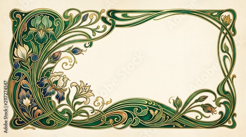 Art Nouveau Floral Border With Green Swirls and Blue Flowers