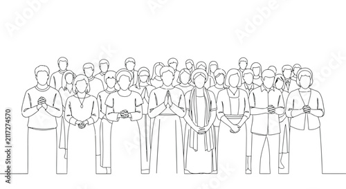 Obraz na płótnie Line Drawing of a Diverse Group of People Standing Together with Hands Clasped c