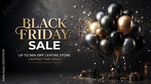 Elegant black friday sale banner with golden balloons and luxury confetti on dark background