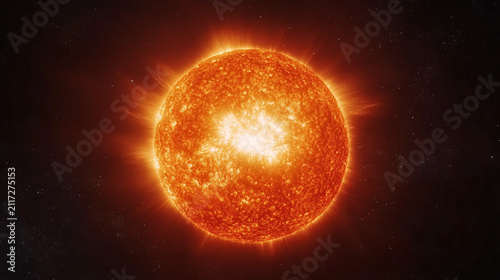 Fiery Sun star glowing intensely in the dark expanse of deep space with solar flares and intense heat emissions