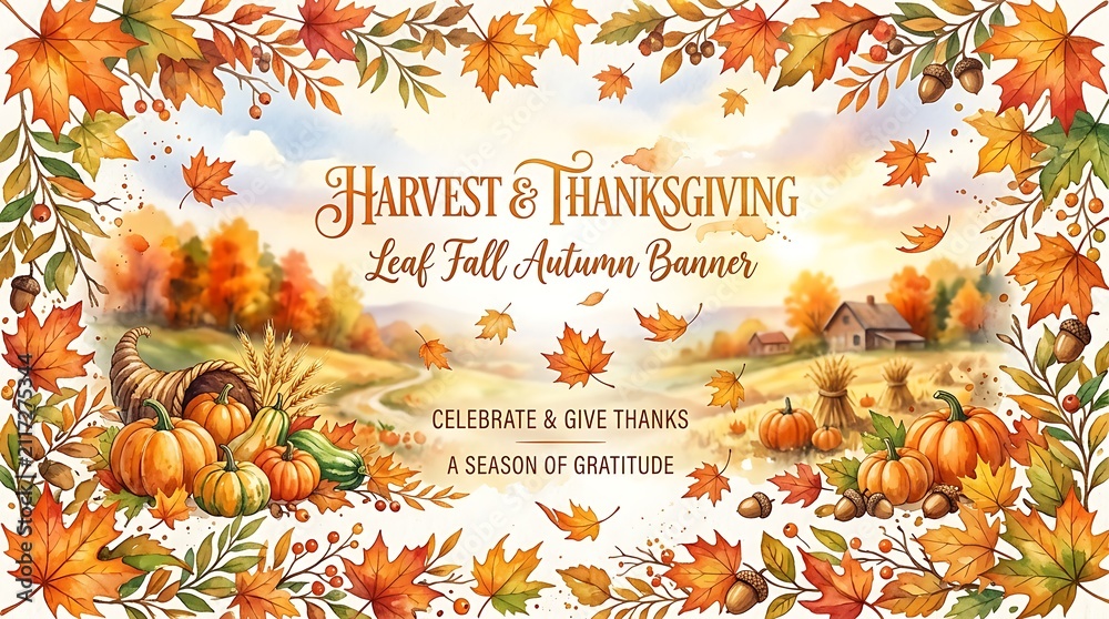 Fototapeta premium Autumn Harvest Thanksgiving Scene With Falling Leaves and Pumpkins