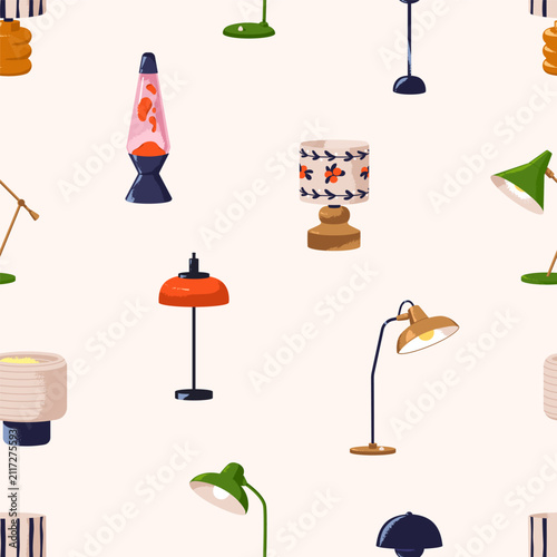 Bedside and table lamps, night light, seamless pattern. Endless background wi...