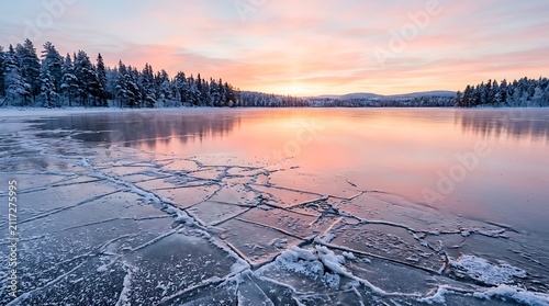 Scenic winter landscape at sunrise over frozen lake with cracked ice and snow covered evergreen forest in cold northern wilderness