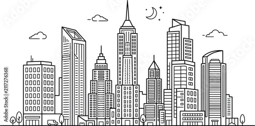 Modern City Skyline with Skyscrapers and Buildings Line Art Vector Illustration