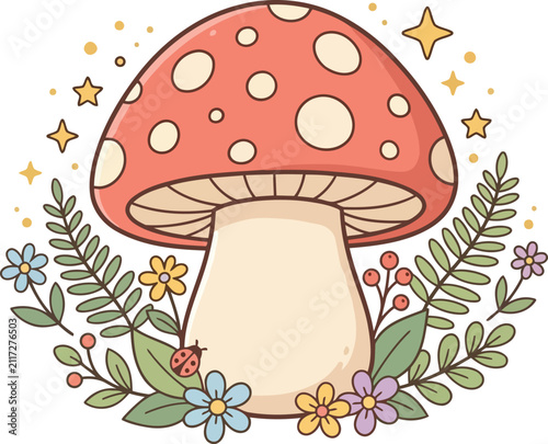 Cute Red Amanita Mushroom Surrounded by Flowers Leaves Ladybug and Stars Vector Illustration