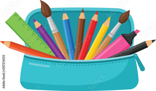 Colorful Pencil Case Filled with Various School Supplies Like Scissors Pens Pencils and Ruler Cartoon Style Vector Illustration