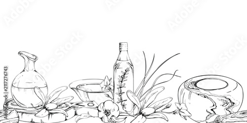 Obraz na plátně Glass jug, olive oil bottle and fruiting olive twig a seamless border