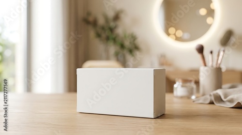Blank White Box on a Wooden Table in a Brightly Lit Room