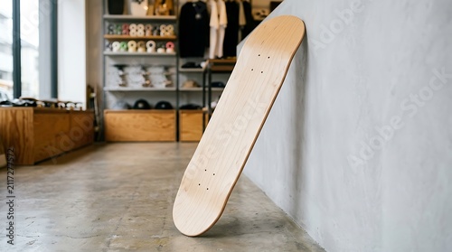 Blank Skateboard Deck Leaning Against A White Wall Indoors In A Retail Store
