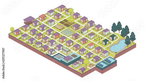 Prefabricated modular housing community isometric map vector featuring tiny homes, solar arrays, and communal garden plots for affordable housing and urban design projects.