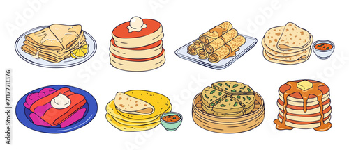 Bild auf Leinwand Pancake illustration set crepes vector icon collection featuring various pancake