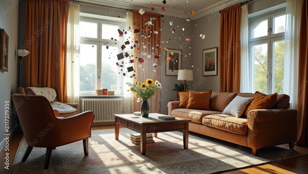 Fototapeta premium Cozy living room interior with orange curtains, brown sofa, and a coffee table adorned with flowers, surrounded by floating decorative elements in a sunlit space