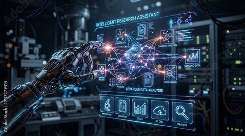 Artificial intelligence technology for education and learning showing a robotic hand interacting with an intelligent research assistant interface for knowledge innovation and advanced data analysis.
