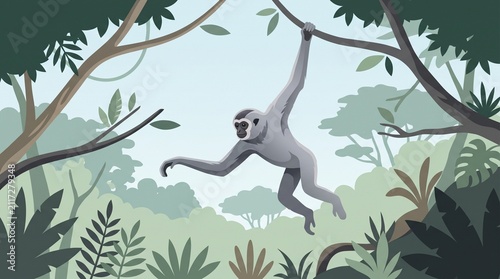 Gibbon swinging through rainforest canopy. Jungle primate in motion, tropical wildlife scene.