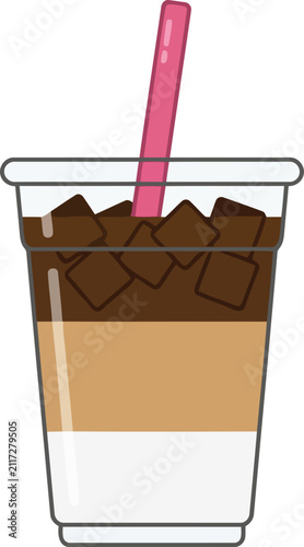 Iced Coffee or Layered Latte in a Plastic Cup with Straw Vector Illustration