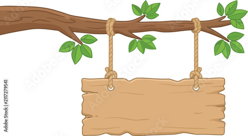 Blank Wooden Sign Hanging from Tree Branch with Green Leaves Vector Illustration