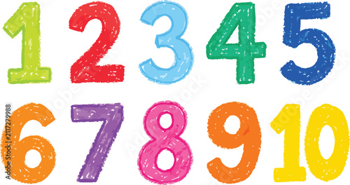 Colorful Crayon Drawn Numbers One to Ten Vector Illustration Set