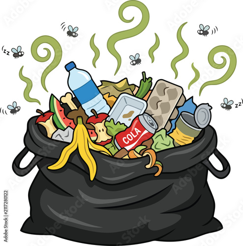 Stinky Garbage Bag Full of Organic Food Waste and Plastic Trash Vector Illustration