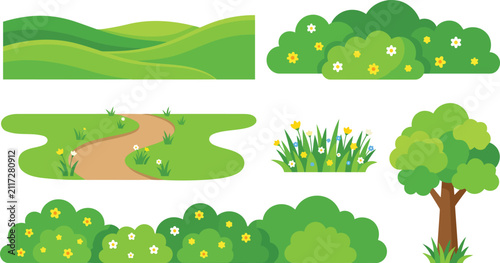 Green Nature Landscape Elements Vector Set With Hills Pathway Bushes Trees and Flowers
