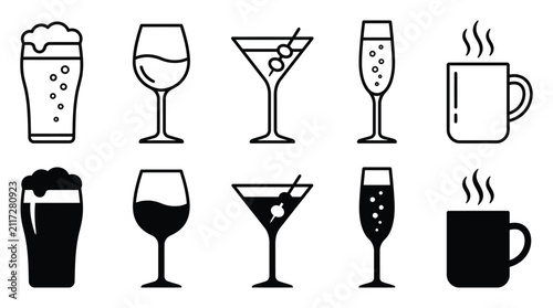 Beverage Icons Black Silhouette Set Of Drinks On White Background