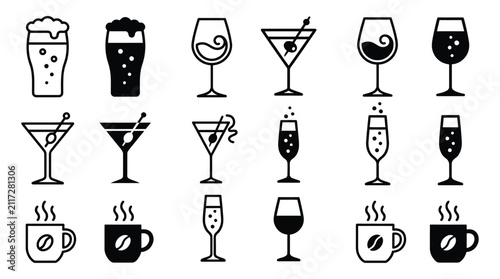 Assorted Beverage Icons Black Silhouette On White Background