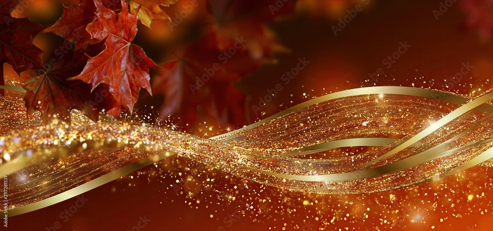 Obraz premium Autumn leaves and gold ribbons with confetti on warm background for festive holiday greetings.