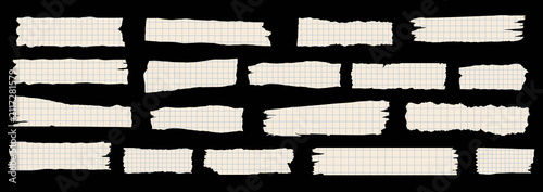 Collection of torn notebook grid paper strips with ripped edges. Blank paper tape elements for scrapbook, collage, journaling, notes and creative design isolated on black background.
