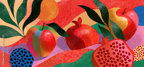 A vibrant abstract backdrop highlights stylized apples and pomegranates for a festive Jewish New Year greeting.