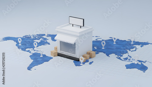 Small retail store model on world map with shipping boxes