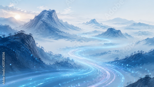 Futuristic digital landscape with glowing light pathways flowing through misty mountains, combining advanced technology and natural harmony

