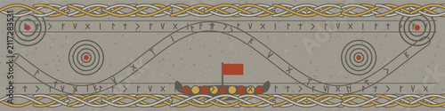 Obraz na plátně Viking runestone carving with runic serpent ribbon interlace knots longship and