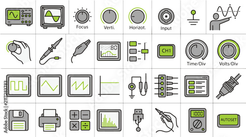 Oscilloscope and Electronic Measurement Tool Icons Set for Engineering Design