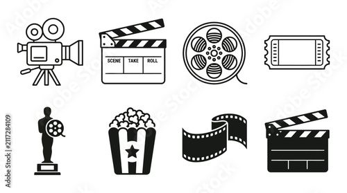 Foto Movie themed Icons Black and white Line Art Collection