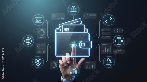 Digital wallet mobile payment concept featuring professional hand interacting with glowing fintech transaction interface