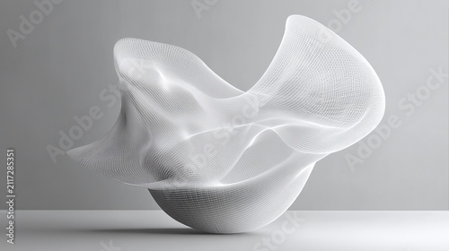 Abstract digital art featuring an ethereal white fluid form gracefully draped over a textured sphere, emphasizing delicate movement and volumetric lighting