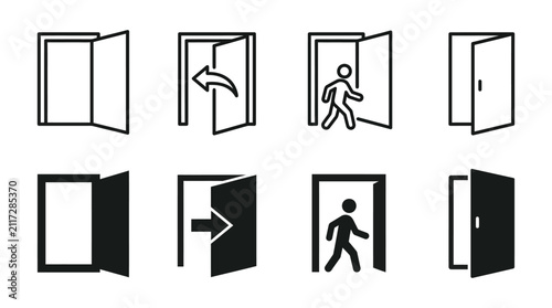 фотографія Door icons with variations in style and direction black and white