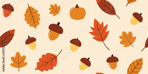 Seamless pattern of autumn leaves acorns and pumpkins on light beige background, festive fall theme.