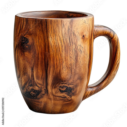 Wooden mug with natural wood grain isolated on transparent background