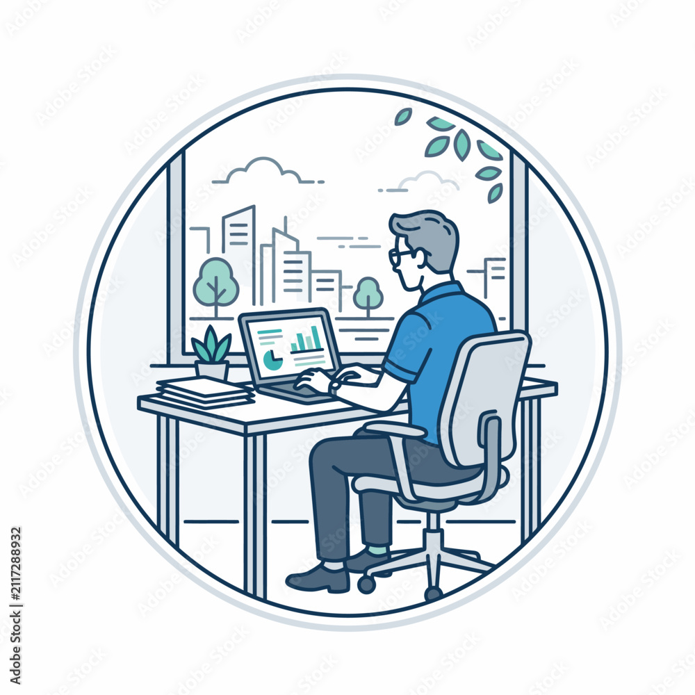 Fototapeta premium A man sitting at a desk working on a laptop computer.