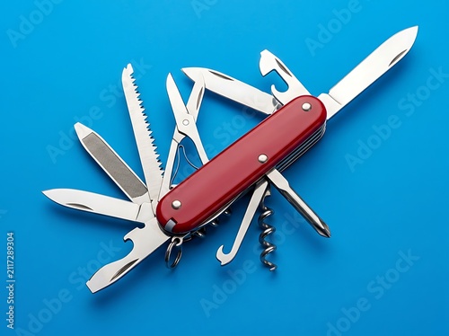A red swiss army knife with many open stainless steel blades and tools isolated against a bright blue background for outdoor survival gear